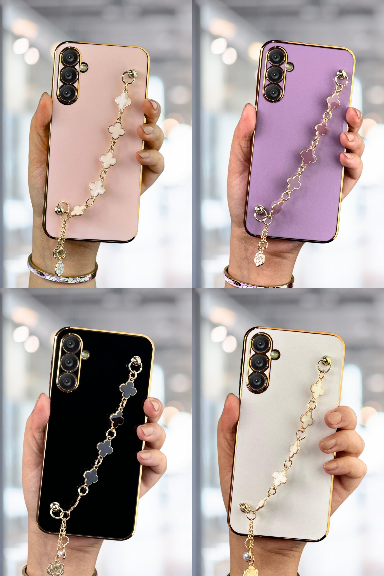 Samsung A54 Kılıf Lüks Yonca Zincir Askılı Gold Çerçeveli Elçek Kadın Telefon Kapak