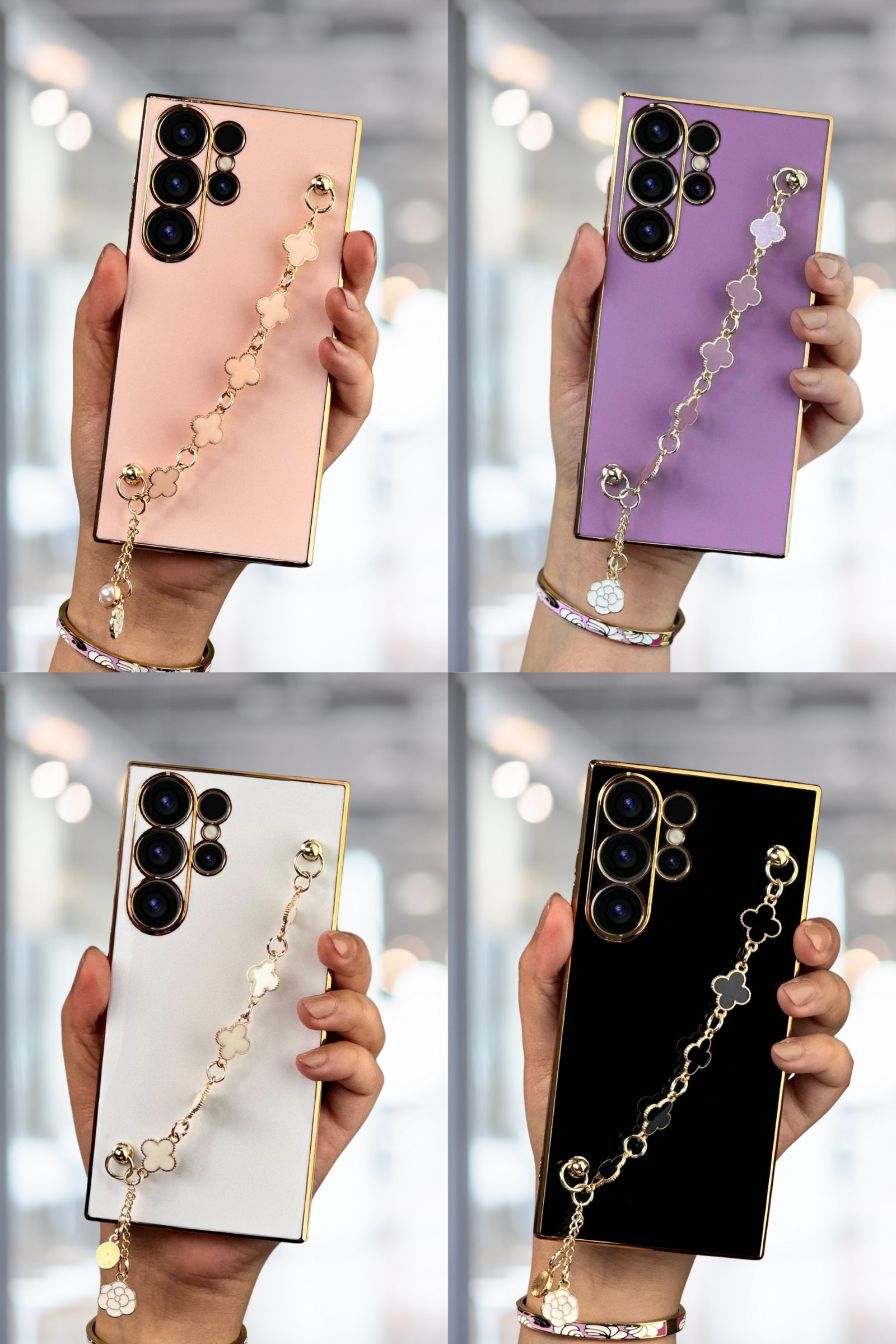 Samsung S23 Ultra Kılıf Lüks Yonca Zincir Askılı Gold Çerçeveli Elçek Kadın Telefon Kapak