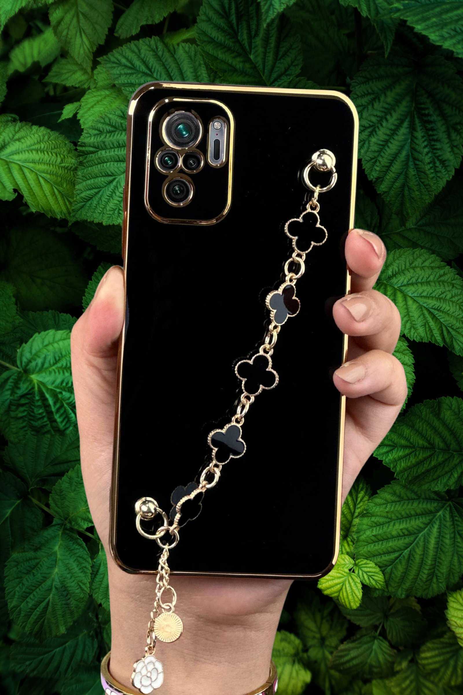 Redmi Note 10s 4G Kılıf Lüks Yonca Zincir Askılı Gold Çerçeveli Elçek Kadın Telefon Kapak