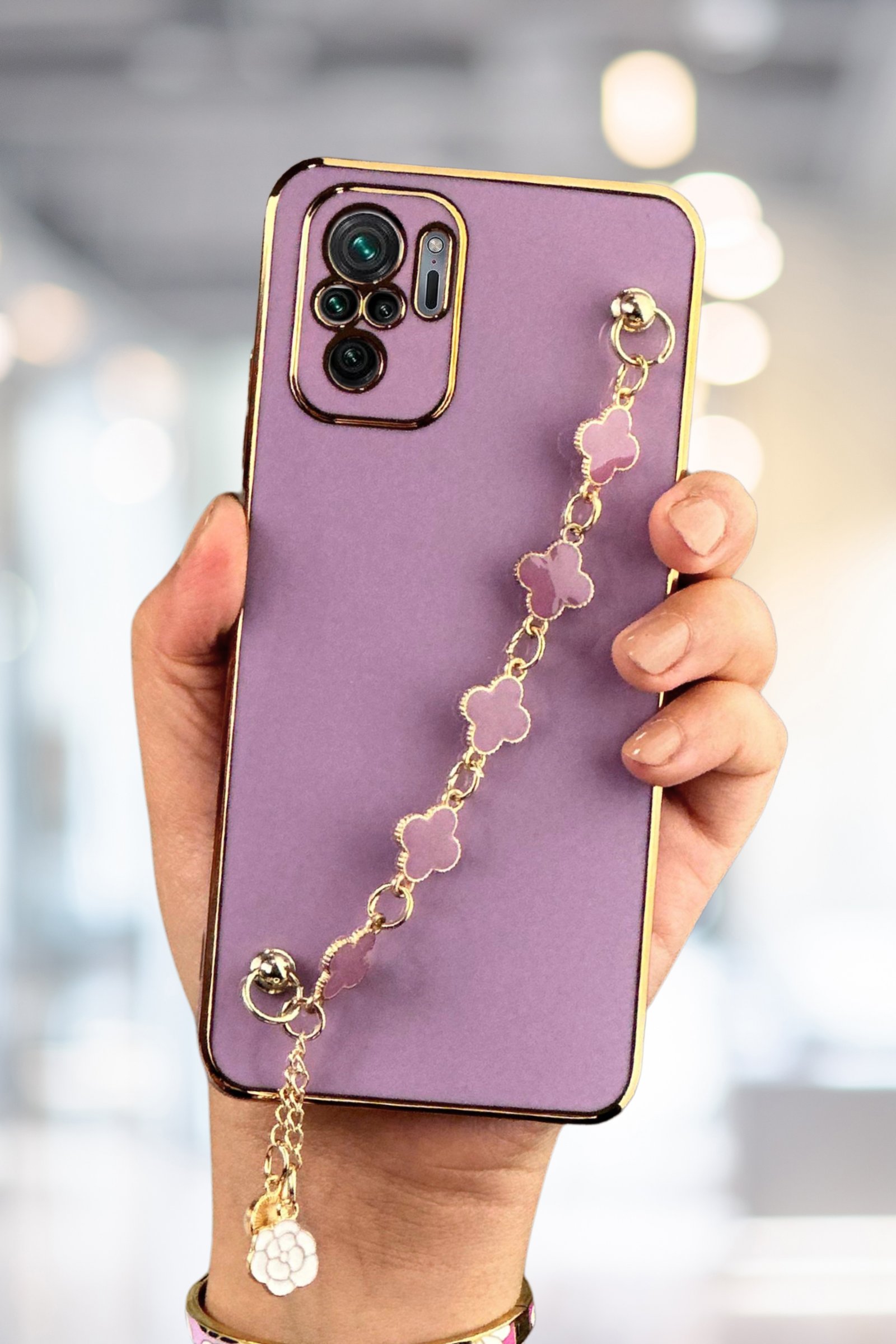 Redmi Note 10s 4G Kılıf Lüks Yonca Zincir Askılı Gold Çerçeveli Elçek Kadın Telefon Kapak