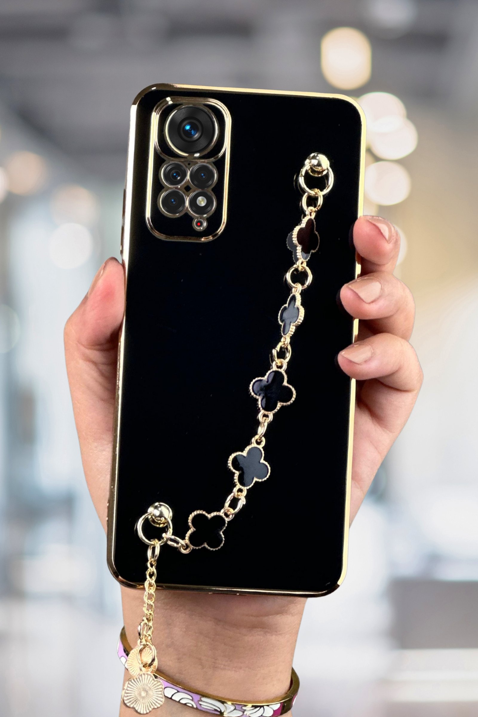 Redmi Note 11s Kılıf Lüks Yonca Zincir Askılı Gold Çerçeveli Elçek Kadın Telefon Kapak