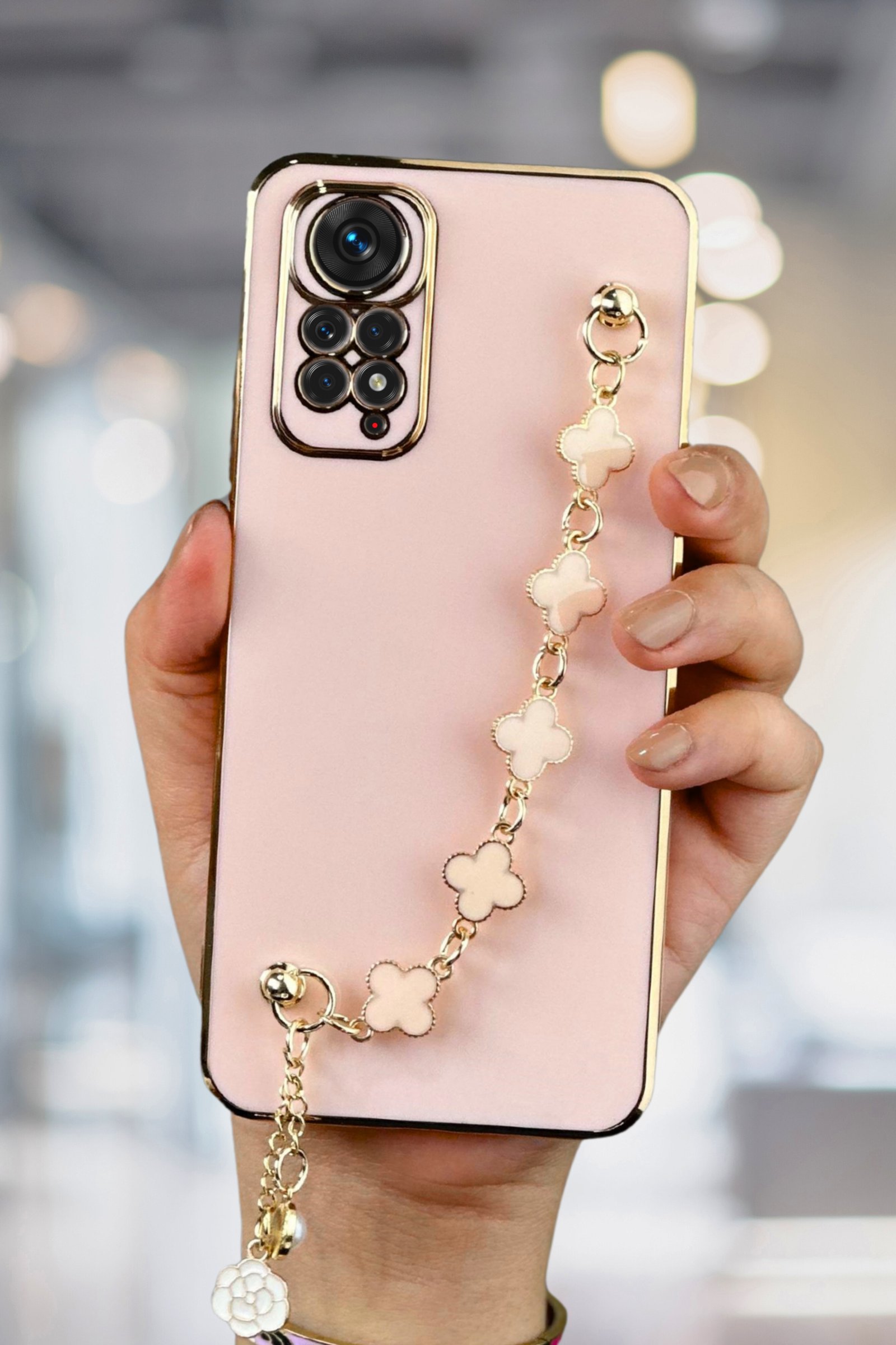 Redmi Note 11s Kılıf Lüks Yonca Zincir Askılı Gold Çerçeveli Elçek Kadın Telefon Kapak