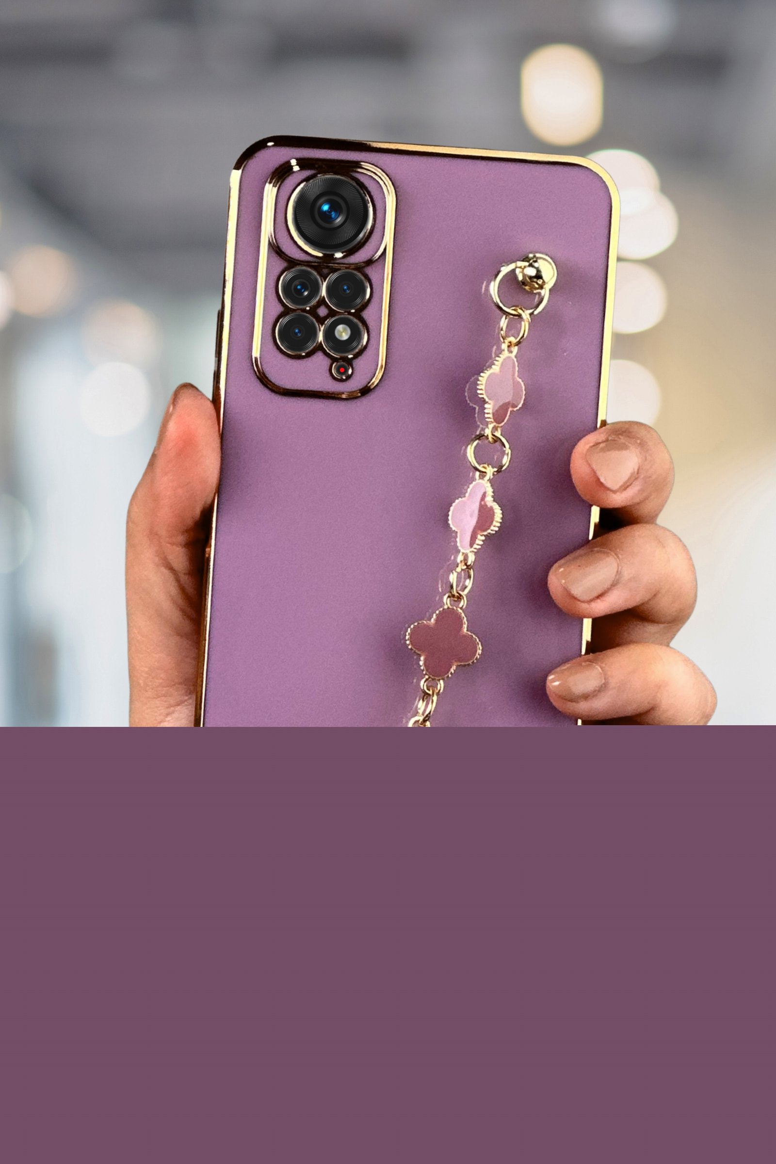 Redmi Note 11s Kılıf Lüks Yonca Zincir Askılı Gold Çerçeveli Elçek Kadın Telefon Kapak