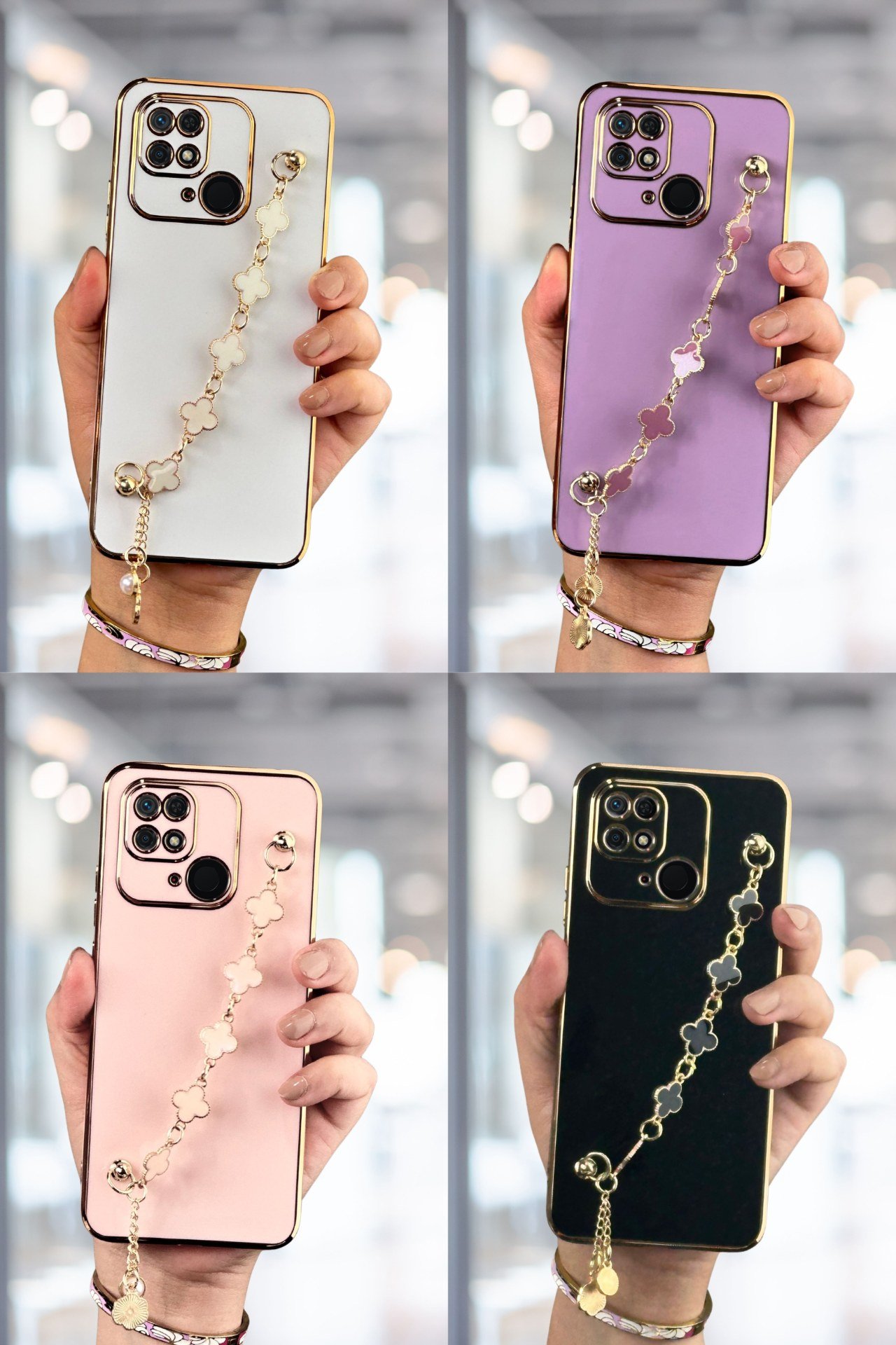 Redmi 10C Kılıf Lüks Yonca Zincir Askılı Gold Çerçeveli Elçek Kadın Telefon Kapak