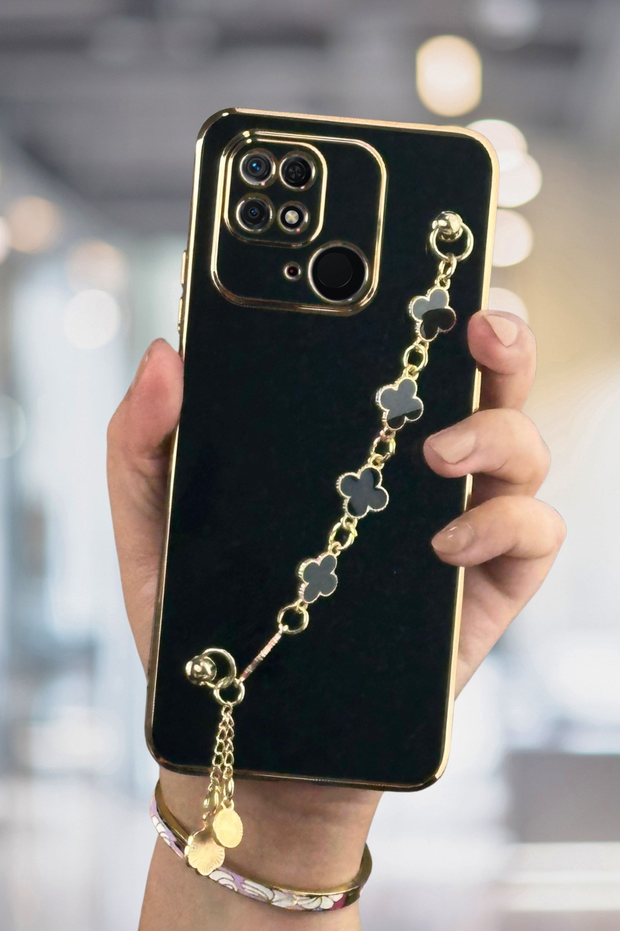 Redmi 10C Kılıf Lüks Yonca Zincir Askılı Gold Çerçeveli Elçek Kadın Telefon Kapak