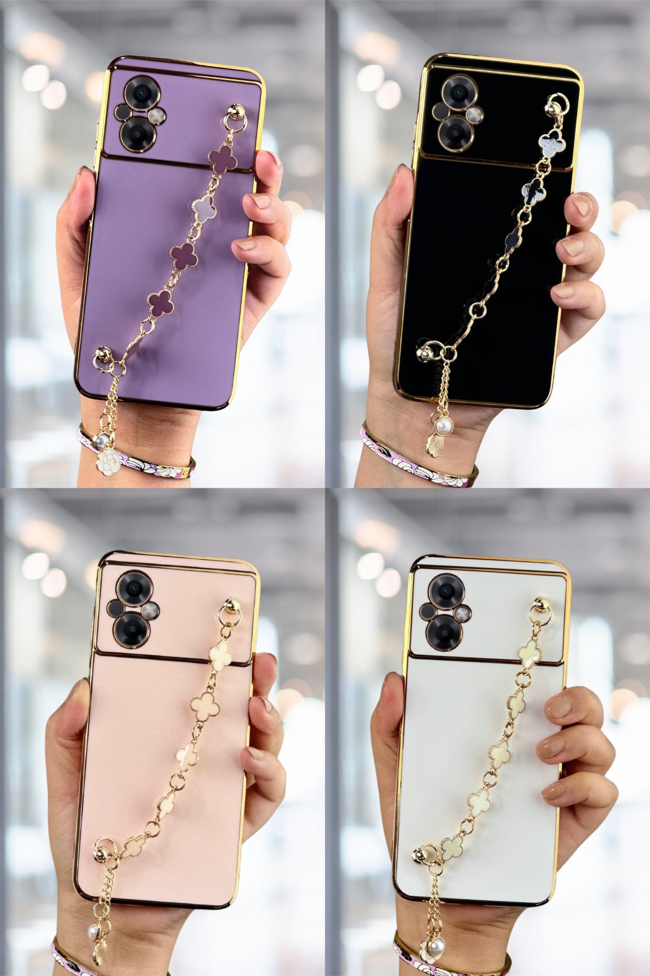 Redmi Note 11R Kılıf Lüks Yonca Zincir Askılı Gold Çerçeveli Elçek Kadın Telefon Kapak