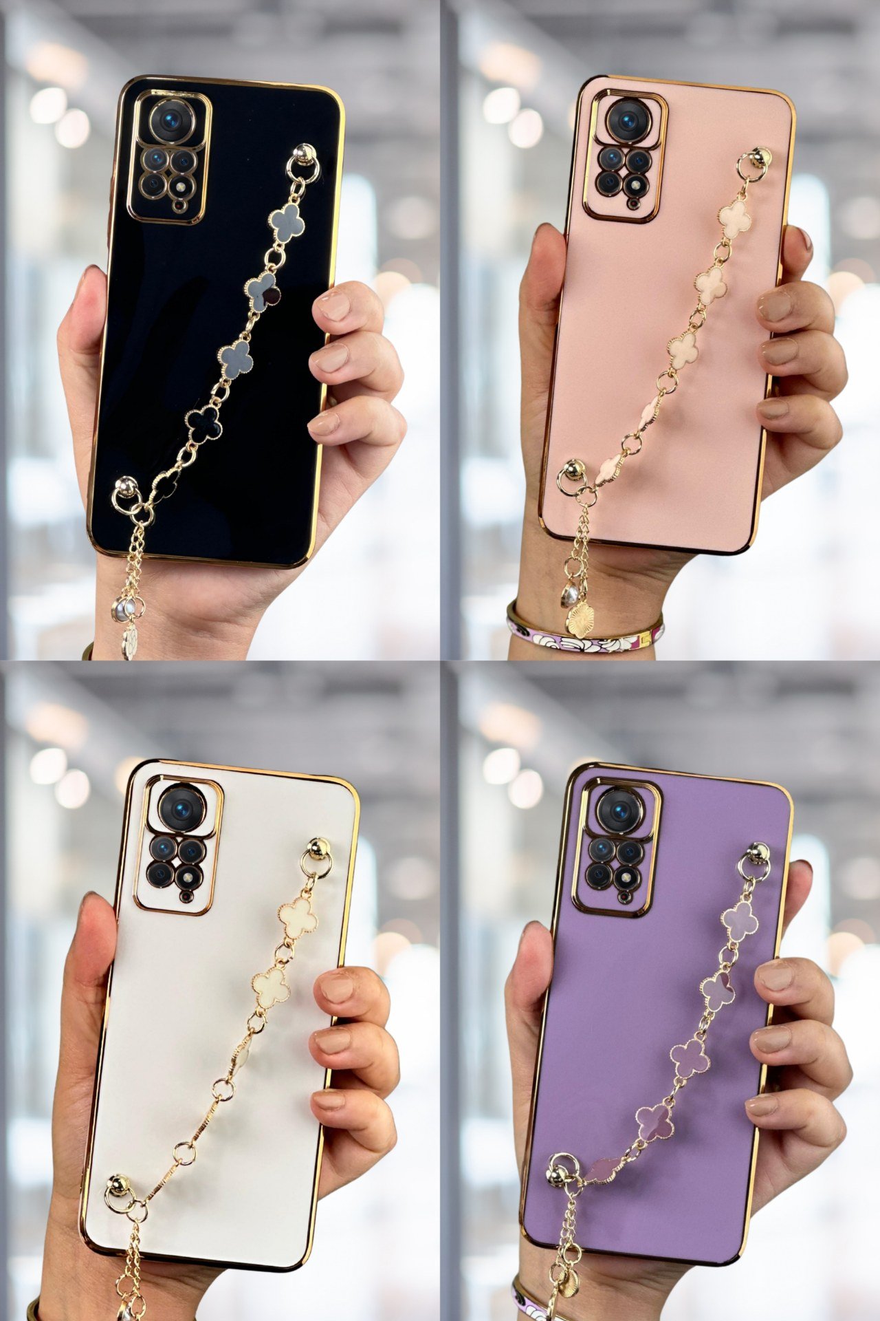 Redmi Note 11 Pro Kılıf Lüks Yonca Zincir Askılı Gold Çerçeveli Elçek Kadın Telefon Kapak