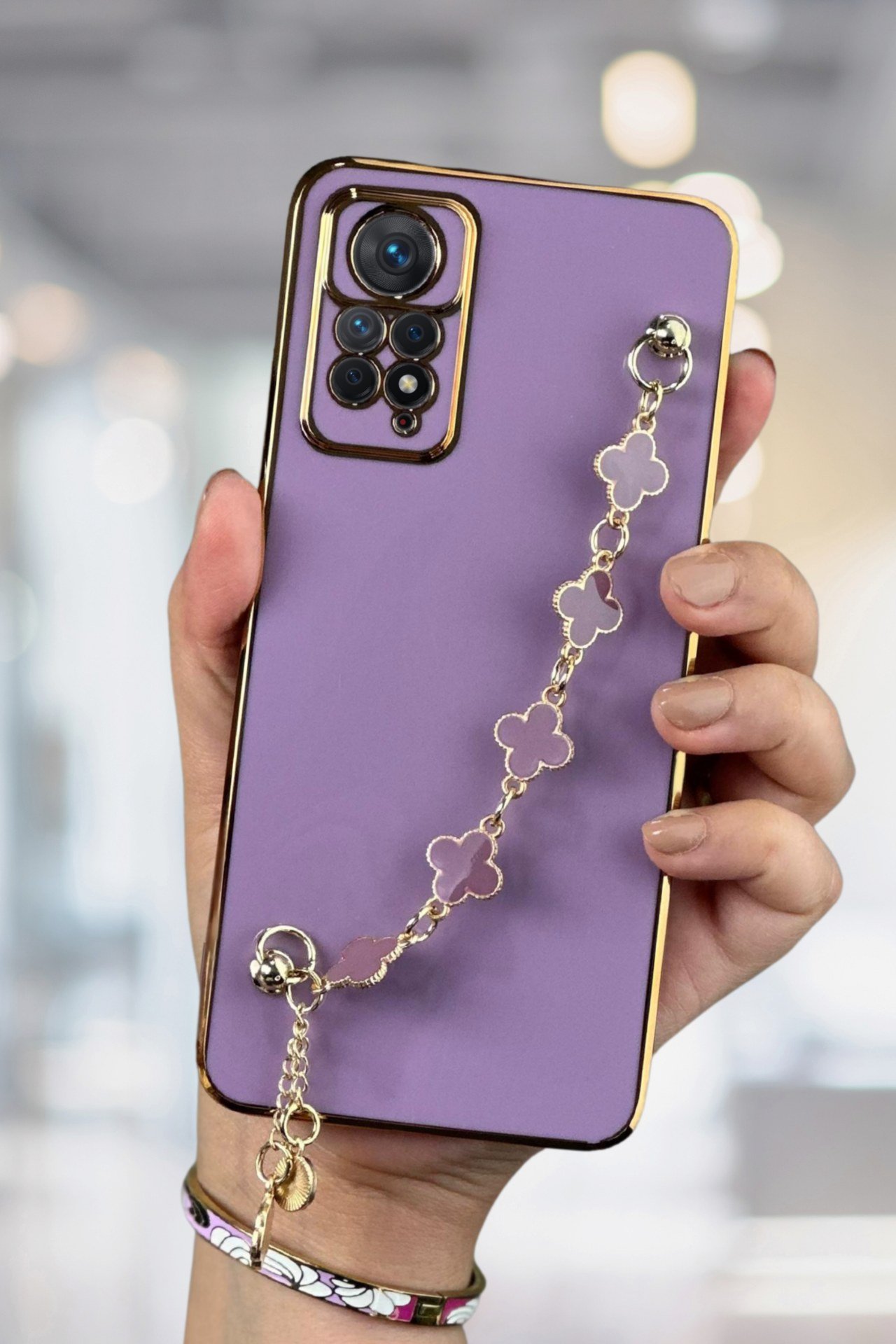 Redmi Note 11 Pro Kılıf Lüks Yonca Zincir Askılı Gold Çerçeveli Elçek Kadın Telefon Kapak