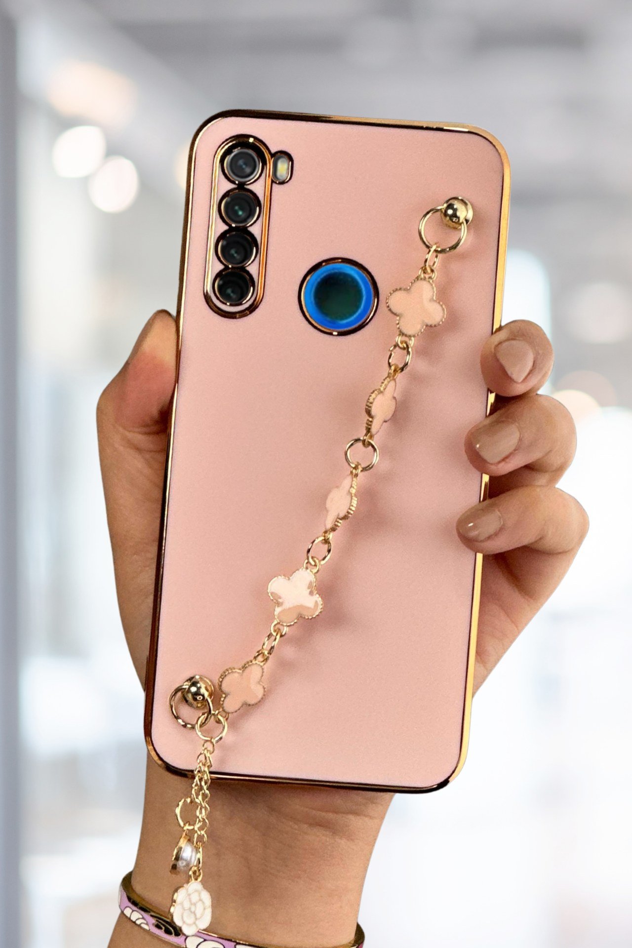 Redmi Note 8 Kılıf Lüks Yonca Zincir Askılı Gold Çerçeveli Elçek Kadın Telefon Kapak