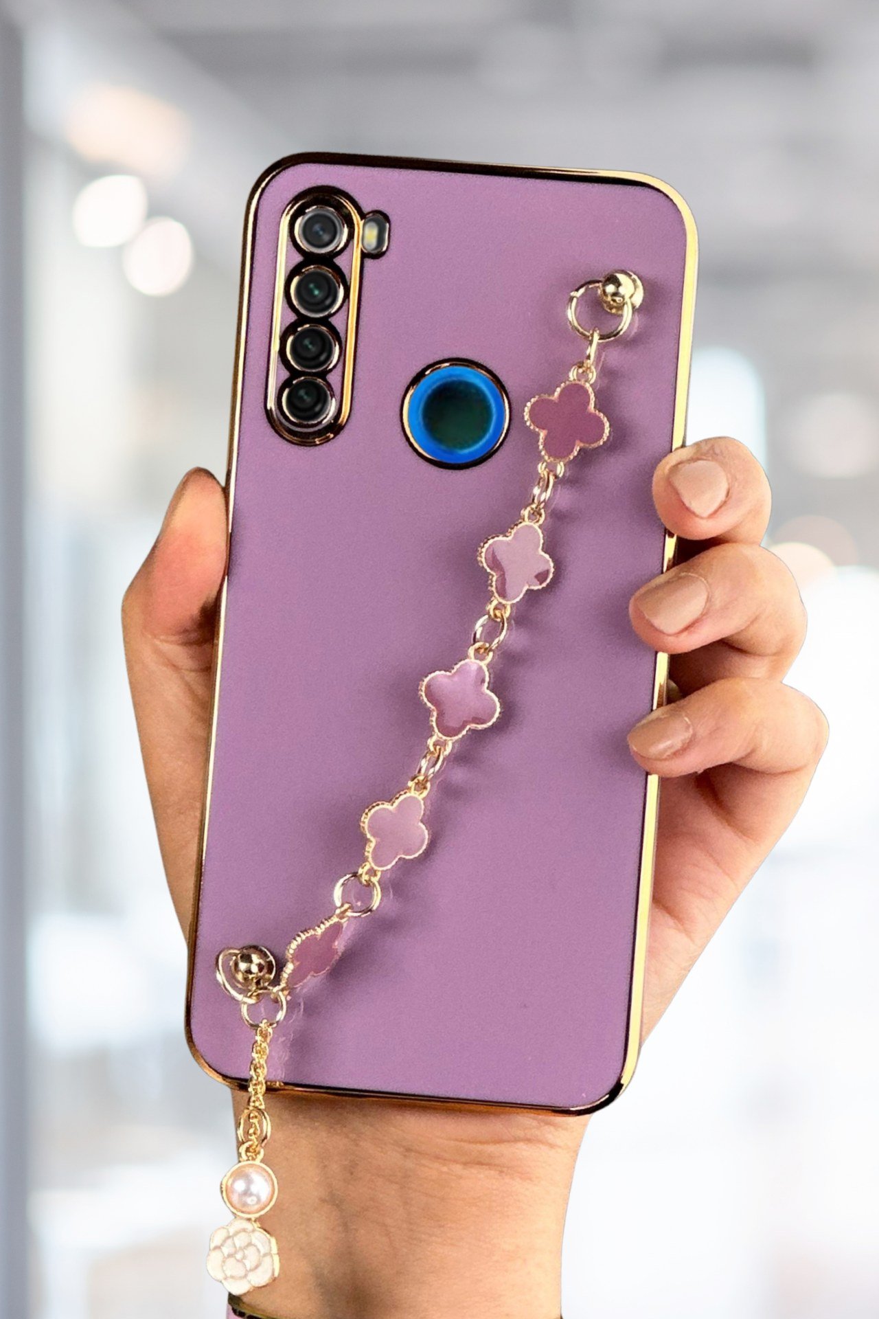 Redmi Note 8 Kılıf Lüks Yonca Zincir Askılı Gold Çerçeveli Elçek Kadın Telefon Kapak
