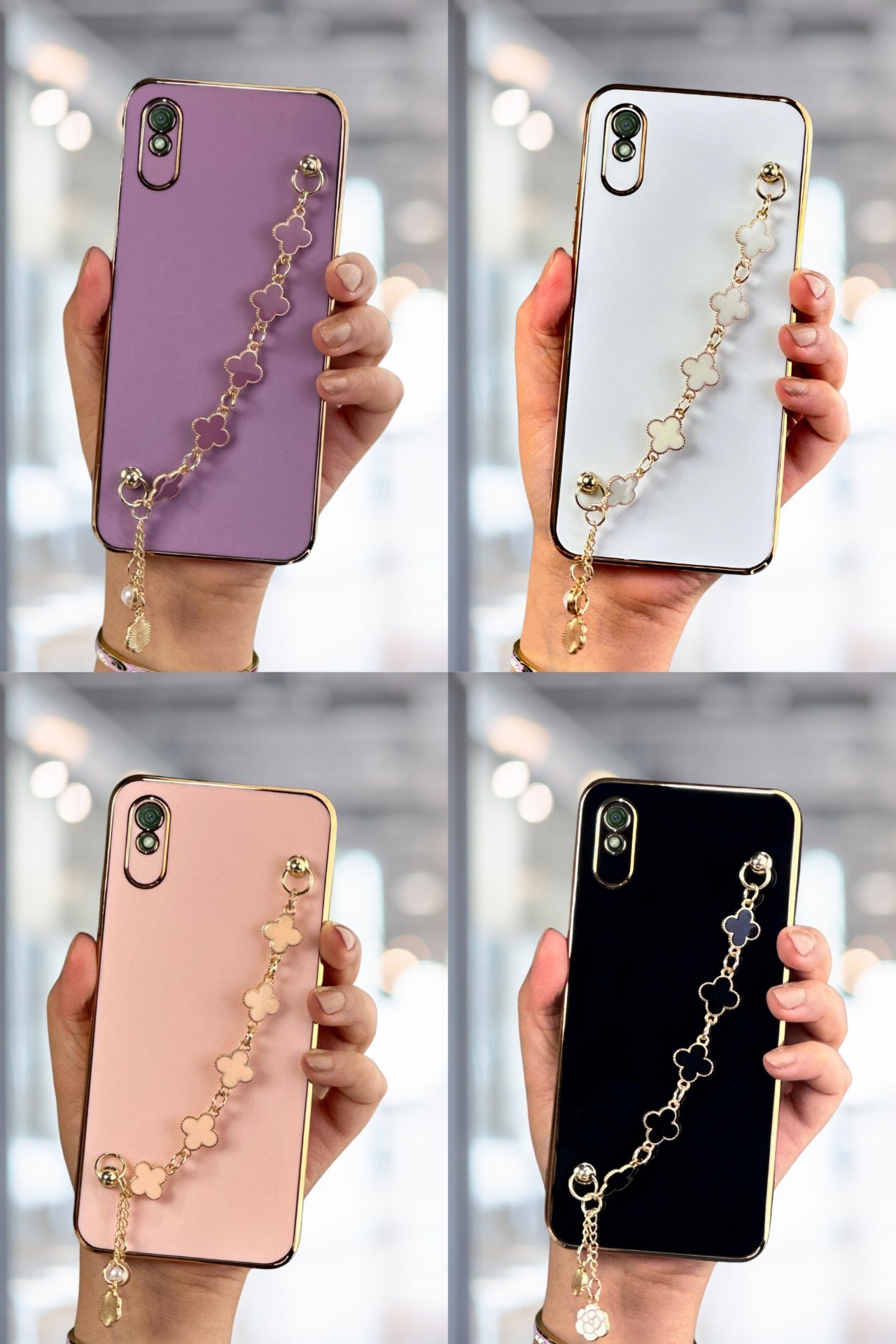 Redmi 9A Kılıf Lüks Yonca Zincir Askılı Gold Çerçeveli Elçek Kadın Telefon Kapak