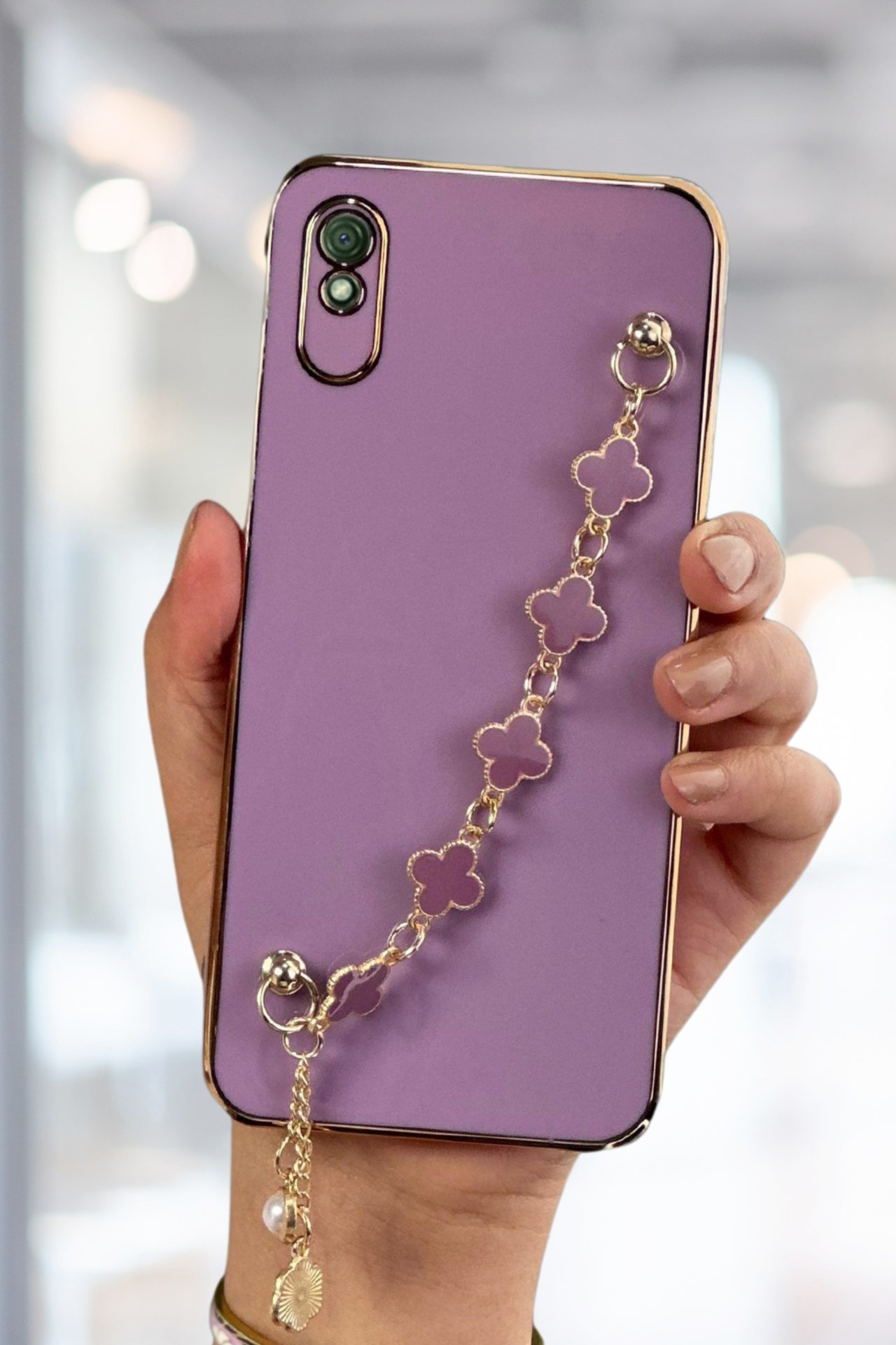 Redmi 9A Kılıf Lüks Yonca Zincir Askılı Gold Çerçeveli Elçek Kadın Telefon Kapak
