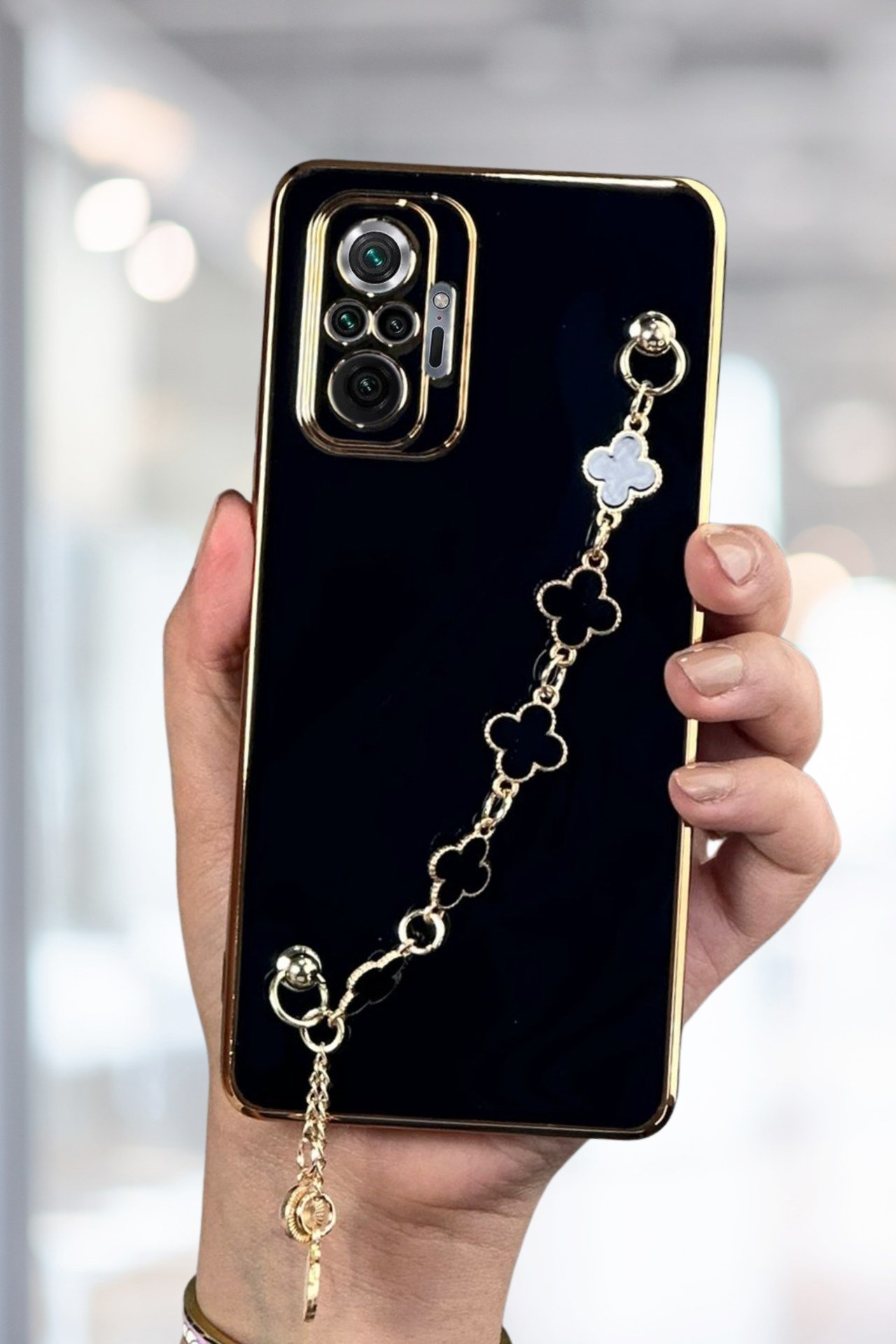 Redmi Note 10 Pro Kılıf Lüks Yonca Zincir Askılı Gold Çerçeveli Elçek Kadın Telefon Kapak