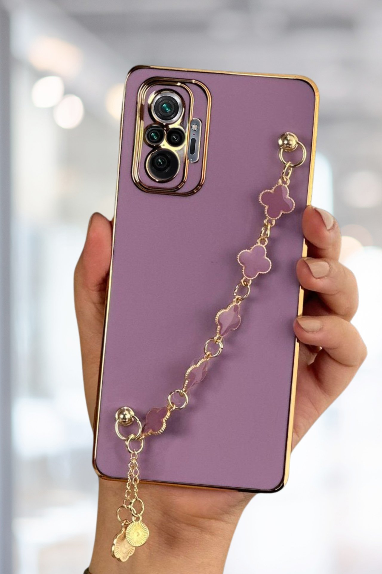 Redmi Note 10 Pro Kılıf Lüks Yonca Zincir Askılı Gold Çerçeveli Elçek Kadın Telefon Kapak