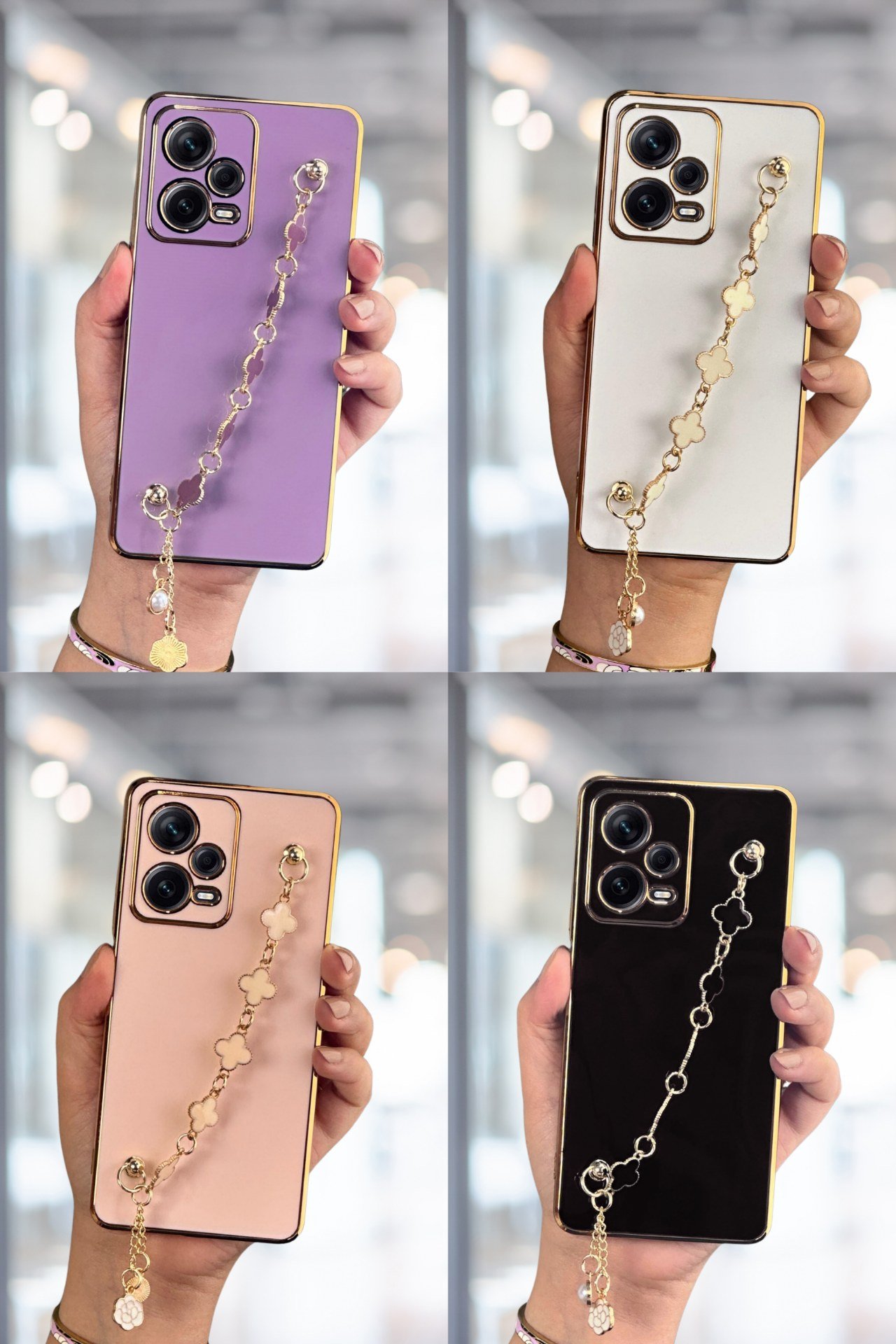 Redmi Note 12 Pro 5G Kılıf Lüks Yonca Zincir Askılı Gold Çerçeveli Elçek Kadın Telefon Kapak