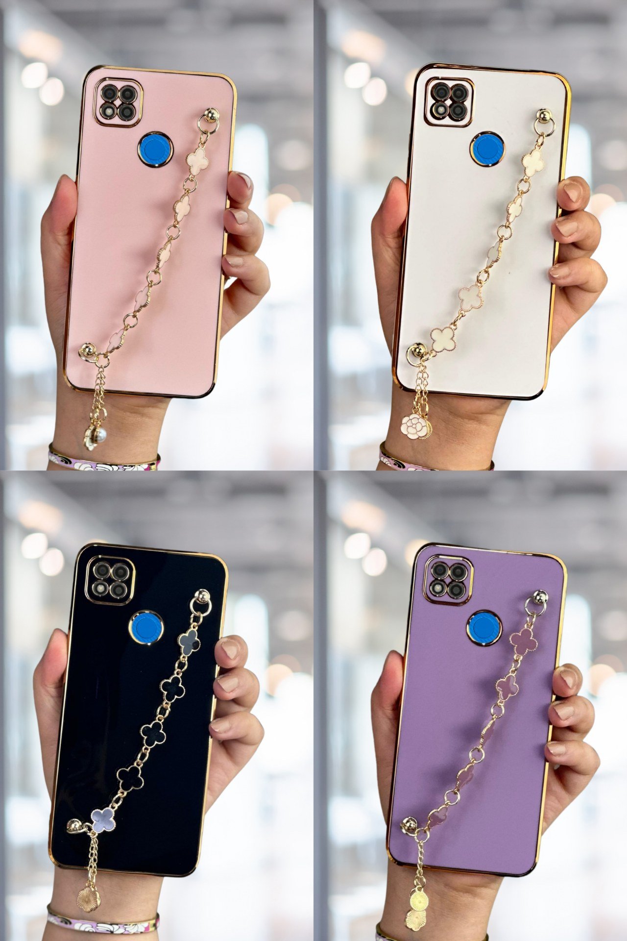 Redmi 9C Kılıf Lüks Yonca Zincir Askılı Gold Çerçeveli Elçek Kadın Telefon Kapak