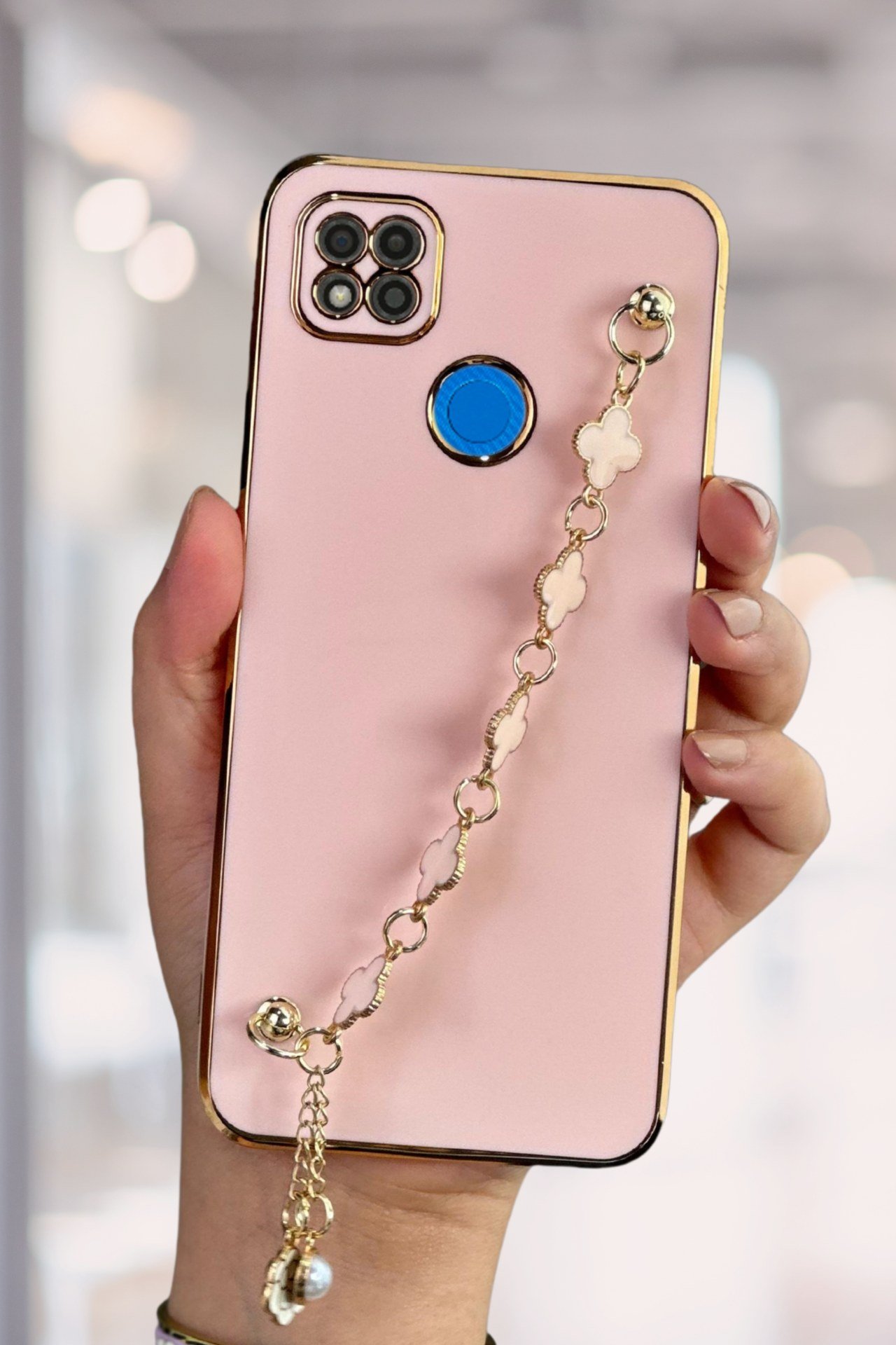 Redmi 9C Kılıf Lüks Yonca Zincir Askılı Gold Çerçeveli Elçek Kadın Telefon Kapak